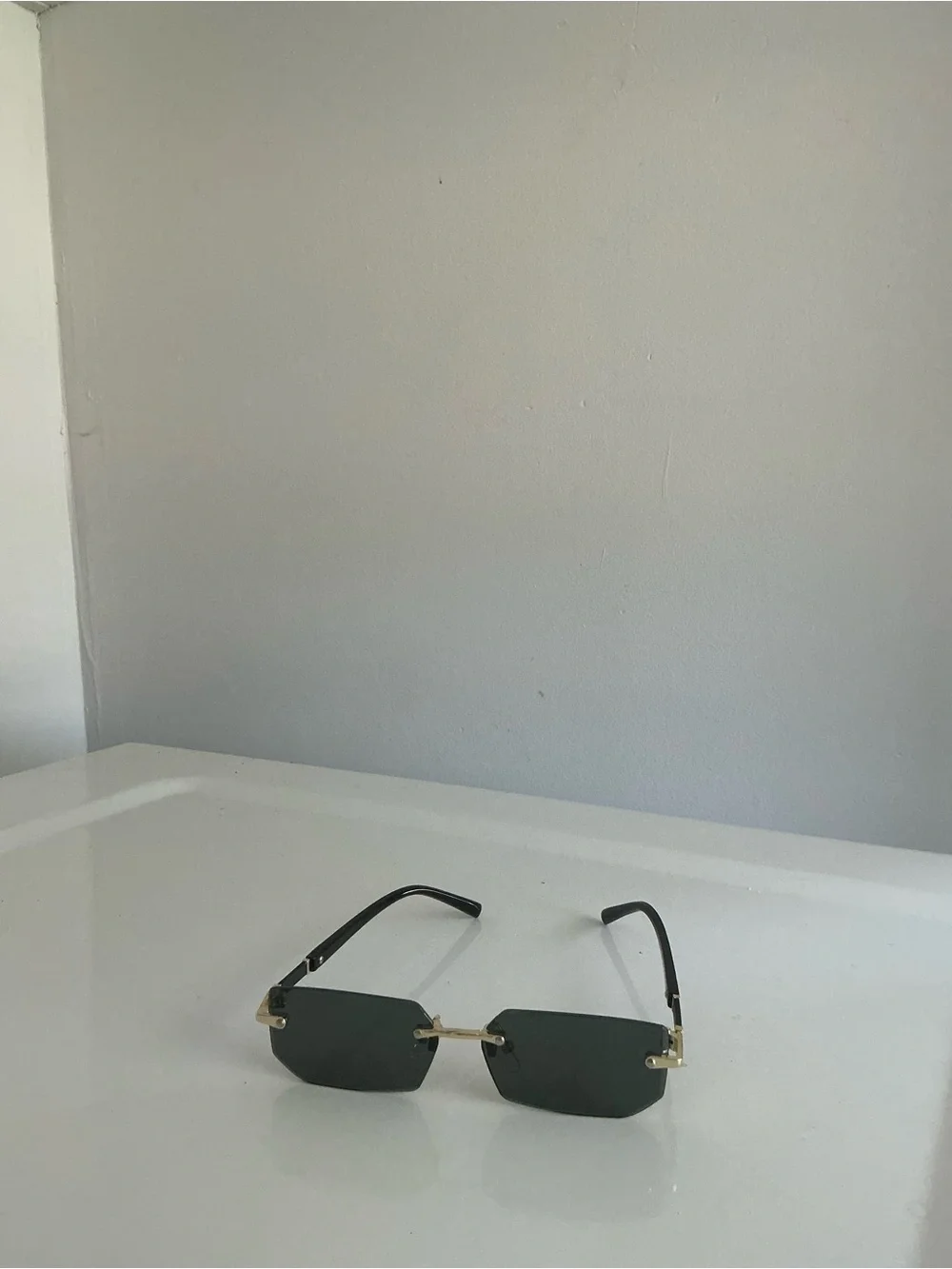 Men's Rimless Rectangle Sunglasses in Dark Green and Gold